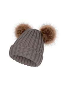 Cute Bear Woolen Beanie Hat With Pompom, Thick & Stretchy, Suitable For Women Winter Outdoor Wear