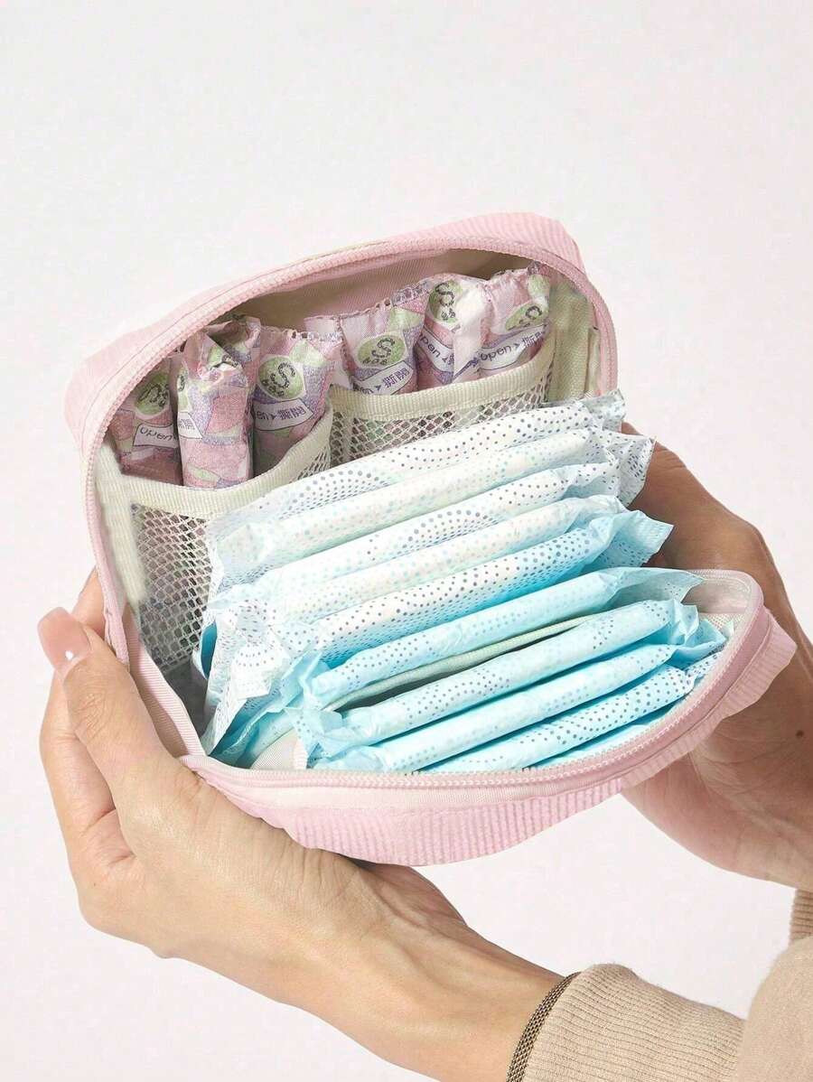 1 pieza Bolsa de almacenamiento de toallas sanitarias básica, diseño minimalista de gran capacidad, puede almacenar toallas sanitarias, tampones y forros de bragas, ideal para mochilas escolares, viajes, vacaciones en la playa, bolsas de cosméticos, vacaciones, almacenamiento de maquillaje y talla grande - Rosa - Ver 1