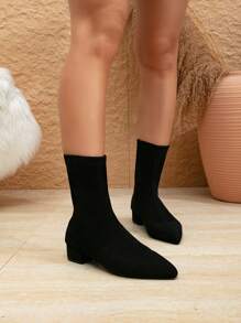 Women's Black Mid-Calf Low Heel Boots With Zipper Back - Black - View 4