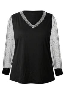 Camicetta a maniche lunghe con scollo a V in rete, taglie forti per donna