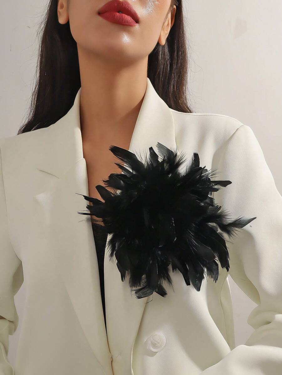 1 件手工复古法式夸张羽毛胸针发夹，独特的羽毛花胸针，时尚优雅的女士多功能头饰配饰，适合日常佩戴和晚间活动情人节、妈妈、母亲、母亲节、礼物 - 黑色 - 查看 1