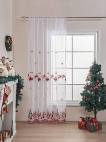1pc Christmas Sled Embroidered Curtain, Christmas Theme Embroidered Curtain, Suitable For Christmas Party, Home Living Room Kitchen Bedroom Decor - متعدد الألوان - مشاهدة 1