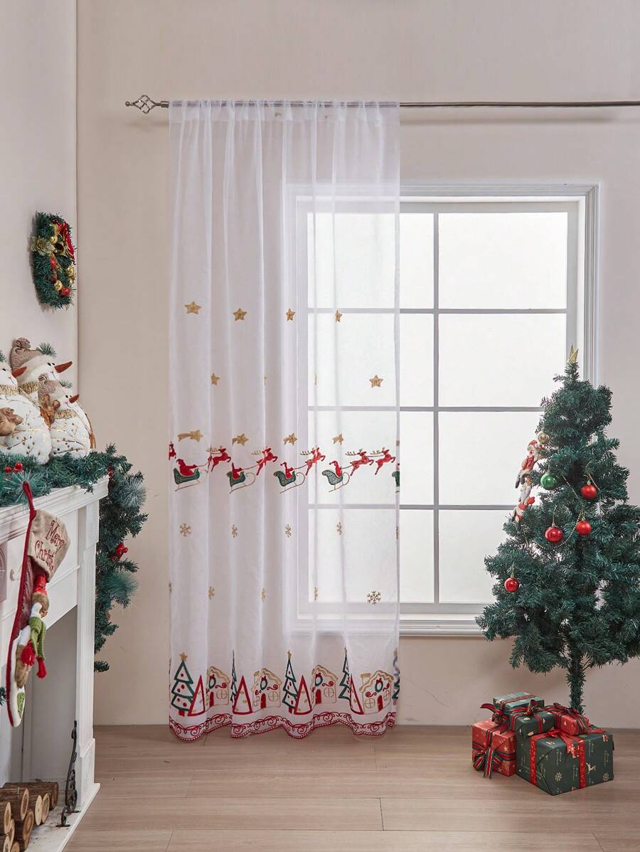 1pc Christmas Sled Embroidered Curtain, Christmas Theme Embroidered Curtain, Suitable For Christmas Party, Home Living Room Kitchen Bedroom Decor - متعدد الألوان - مشاهدة 1