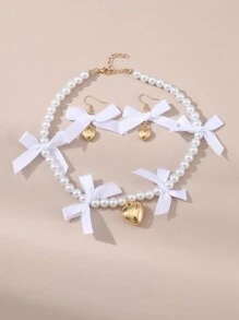 3件套女孩蝴蝶心形仿珍珠串珠项链和耳环套装 - 蝴蝶結 - 查看 10