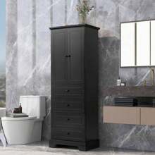 Storage Cabinet With 2 Doors And 4 Drawers For Bathroom, Office, Adjustable Shelf, MDF Board With Painted Finish, Black Mo-Autos