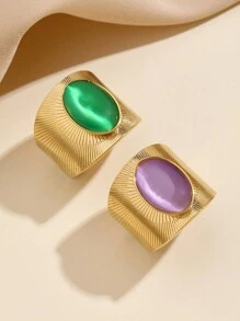 2 件不锈钢时尚华丽复古风格金戒指，绿色和紫色宝石开口戒指套装，适合女性日常佩戴或送礼 - 金黃色 - 查看 1