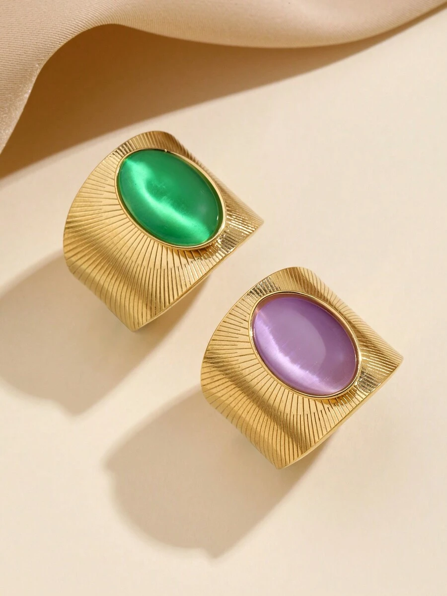 2 件不锈钢时尚华丽复古风格金戒指，绿色和紫色宝石开口戒指套装，适合女性日常佩戴或送礼 - 金黃色 - 查看 1