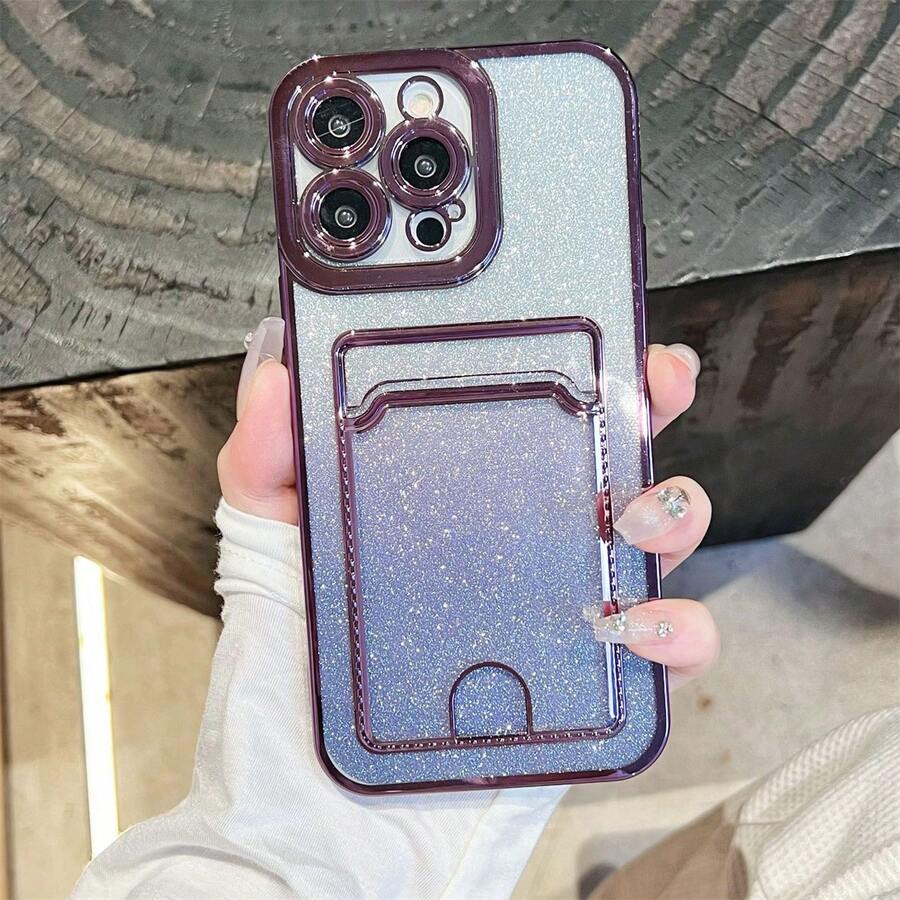 Iphone 16 1pc 紫色配渐变闪粉纸电镀卡包可插卡天使电镀 Tpu 手机壳带卡槽兼容三星、苹果，兼容小米、红米等机型