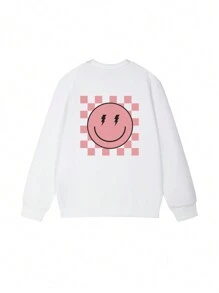1 pieza Jersey de cuello redondo informal con estampado para niñas preadolescentes, suave y cómodo, diseño lindo que celebra la juventud, para otoño/invierno