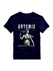 Men's Printed T-Shirt, Creative Top, Casual Short Sleeve Round Neck, Summer Outdoor Men's Clothing - 藏蓝色 - 查看 1