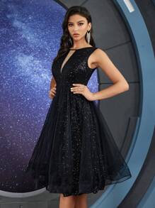 Vestido de noche con diseño trasero descubierto y brillos para mujer, vestido elegante de gala negro para bodas, graduaciones y cenas - Negro - Ver 2