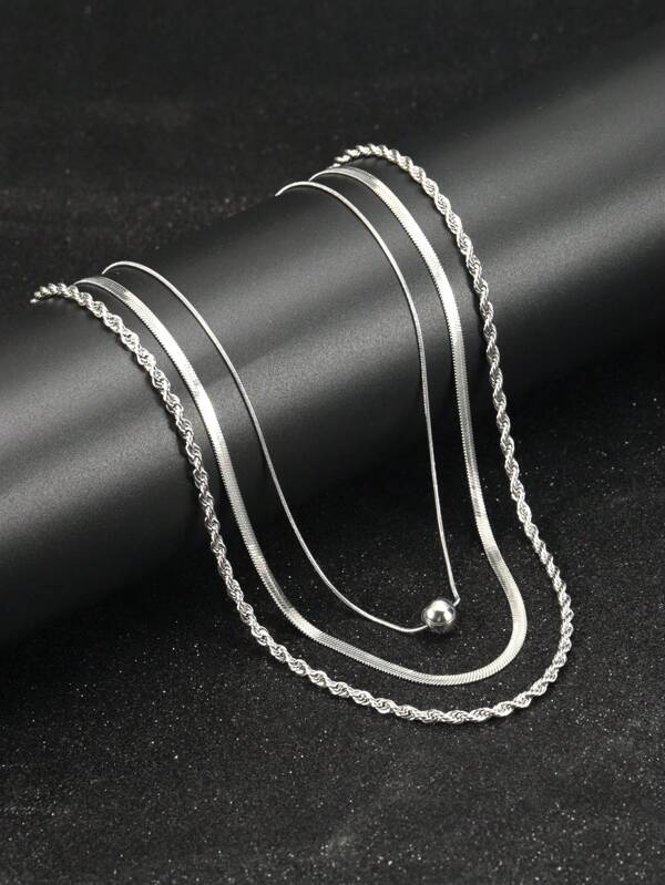 1pc-3pcs Stainless Steel Blade, Flat Snake Chain, Twist Chain, Ball Pendant Necklace Set For Women