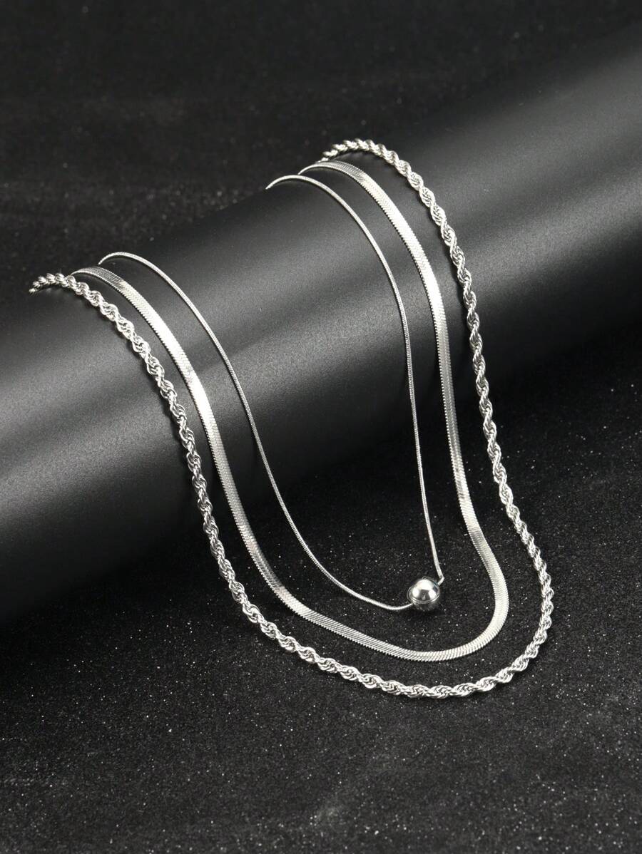 1pc-3pcs Stainless Steel Blade, Flat Snake Chain, Twist Chain, Ball Pendant Necklace Set For Women - Stainless Steel Chain Necklace - View 1