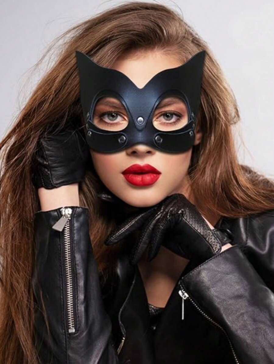 1 pieza Máscara de gato de piel de PU negra, para mujeres, se puede usar como máscara de ojo de mascarada o máscara de superhéroe, adecuada para disfraz de fiesta de Halloween, fiesta de carnaval - Negro - Ver 1
