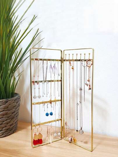 1pc Foldable Jewelry Storage Rack, Gold Iron Alloy Necklace Display Rack, Earring Holder For Home, Gift For Back To School
