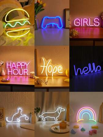 CHI-BUY 1 件新奇 LED 霓虹灯标志，汉堡包、游戏手柄蓝色、女孩粉色、欢乐时光粉色、希望暖白色、你好蓝色、猫爪球白色、狗白色、彩虹 LED 霓虹灯标志，室内婚礼派对墙面装饰霓虹灯，5V USB 供电，适用于卧室、客厅