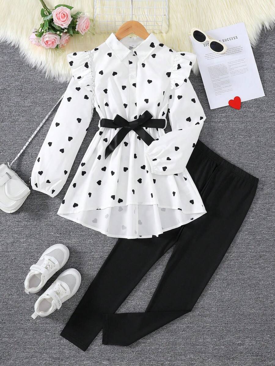 2 件套 Tween Girls 休闲波尔卡圆点印花长袖上衣和裤子套装，秋冬 - 彩色 - 查看 1