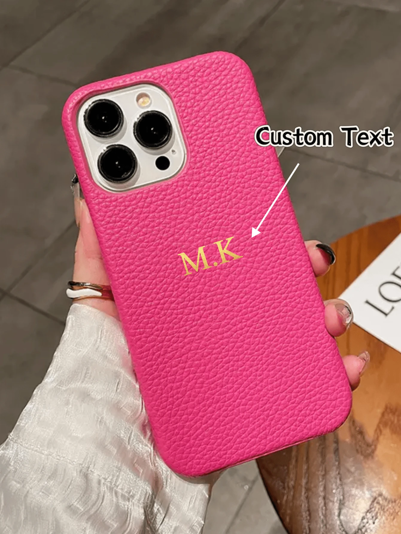 1pc Personalize Customization Name Lychee Pattern Leather Case