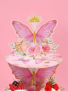 1Set Pink Butterfly Theme Cake Holder Stand, 3 Tier Cupcake Dessert Display Stand Birthday Party Decorations, Cardboard Cupcake Holder For Birthday Anniversary Wedding Party Supplies, Butterfly Theme Table Decor,Kitchen Home Cake Decorations Party Supplies - Pink - View 7