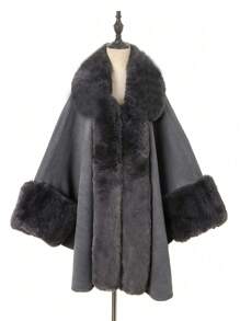 1 件大码女式蓬松领纯色斗篷开衫外套，舒适优雅