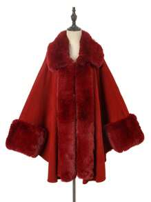 1 件大码女式蓬松领纯色斗篷开衫外套，舒适优雅