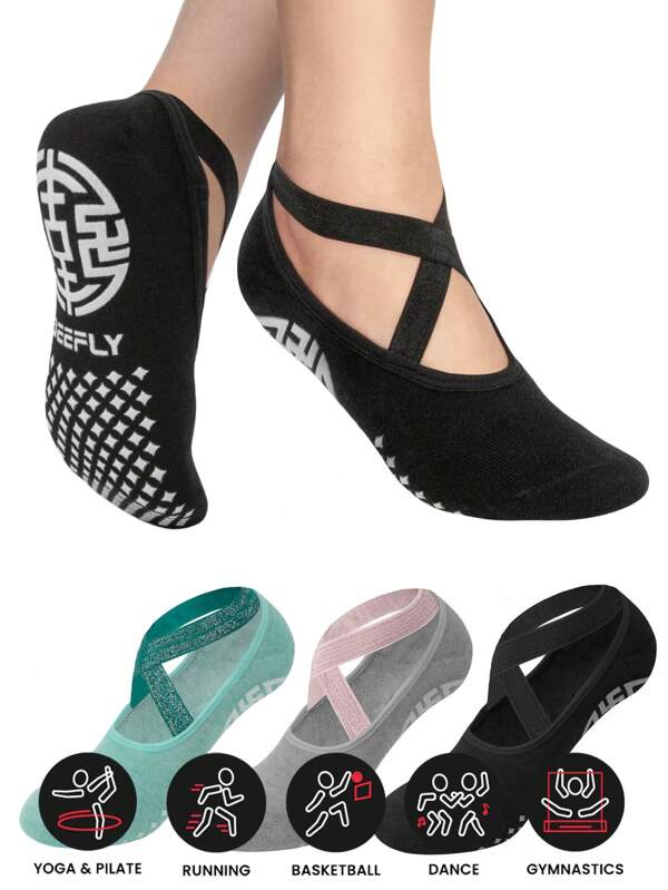 3 paia di calzini da yoga da donna con fasce incrociate per uso sportivo/all&#39;aperto, con grip antiscivolo, colore unito, adatti per casa/ospedale/maternità/fitness/pilates (EU36-39 US5.5-9)