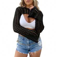 Women's Crochet Crop Tops Y2k Long Sleeve Crewneck Shrug Hollow Out Summer Beach - màu đen - Xem 1