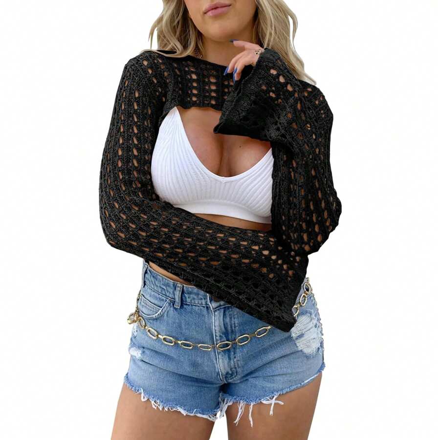 Women's Crochet Crop Tops Y2k Long Sleeve Crewneck Shrug Hollow Out Summer Beach - màu đen - Xem 1