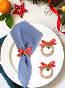 1/6pcs, Christmas Big Red Bow Bell Napkin Rings. Suitable For Christmas Table Decoration Napkin Rings - Multicolor - View 3