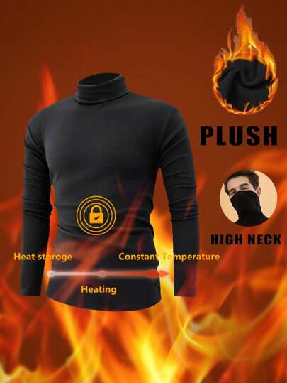 Thermal Lined High Neck Long Sleeve Sportswear T-Shirt For Men, Layering Casual Tops