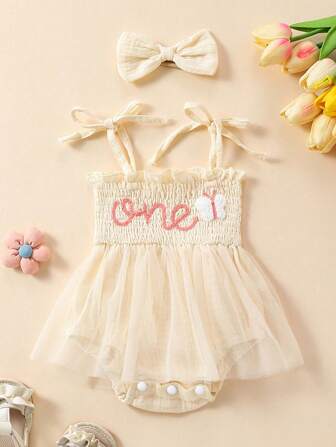 2pcs Infant/Toddler Girls Cute Towel Embroidery Camisole & Mesh Skirt Set, Elegant Series - The Best Gift For Baby