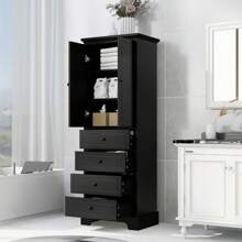 Storage Cabinet With 2 Doors And 4 Drawers For Bathroom, Office, Adjustable Shelf, MDF Board With Painted Finish, Black Mo-Autos