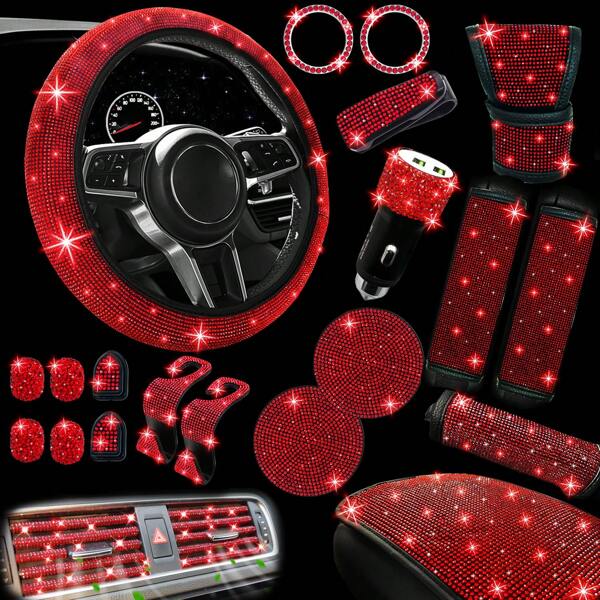 30 PCs Bling Car Accessories Set For Women, Steering Wheel Covers Universal Fit 15 Inch, Seat Belt Covers, Armrest Cover, Gear Shift Covers, Car Coasters