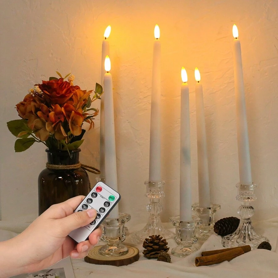 6/12PCS Flameless LED Candles Lights Flickering  Last 5 Days Longer Battery Operated LED Ivory Taper Candles, Unscented Flickering Candles With 10 Keys Remote Timing Warm White Light For Wedding Valentine's Day Halloween Thanksgiving Christmas Decorations - 白色 - 查看 1