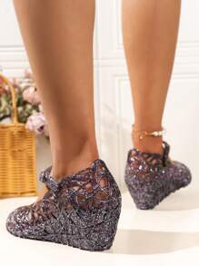 女士夏季时尚水晶镂空凉鞋，蓝色封闭式粗跟沙滩度假拖鞋，防滑户外塑料水晶鞋