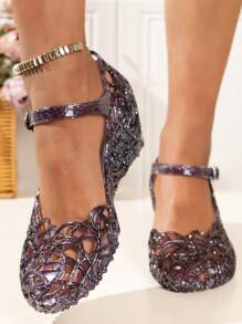 女士夏季时尚水晶镂空凉鞋，蓝色封闭式粗跟沙滩度假拖鞋，防滑户外塑料水晶鞋