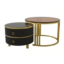 Modern Nesting Coffee Table With 1 High Gloss Top And 1 Side Table With Brown Tempered Glass Top, Living Room Coffee Table Set With 2 Drawers For Living Rooms And Apartments, Package Quantity 2 - Black - View 2