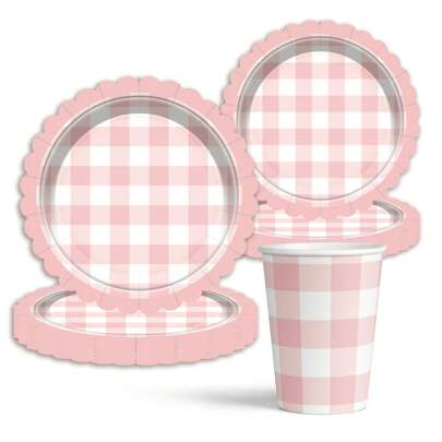 60 件/套粉色格子图案一次性派对餐具套装，包括纸盘、杯子和甜点盘，适用于生日派对、婚礼、家庭聚会、圣诞节、新年和情人节派对促销