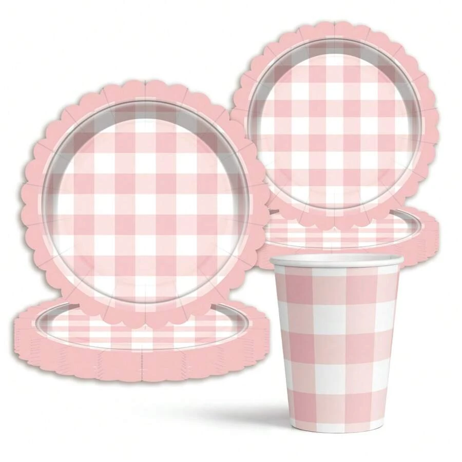 60 件/套粉色格子图案一次性派对餐具套装，包括纸盘、杯子和甜点盘，适用于生日派对、婚礼、家庭聚会、圣诞节、新年和情人节派对促销 - 彩色 - 查看 1