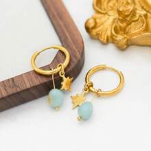 18K Gold Plated Stainless Steel Natural Labradorite Octagon Star Pendant Earrings - Minimalist Design For Women