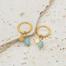 18K Gold Plated Stainless Steel Natural Labradorite Octagon Star Pendant Earrings - Minimalist Design For Women