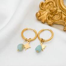 18K Gold Plated Stainless Steel Natural Labradorite Octagon Star Pendant Earrings - Minimalist Design For Women