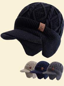 JZML 1pc Men's Deer Embellished Thermal Lined Knit Beanie Hat With Brim