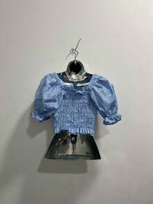 Women's Laise Crop Top With Padded Cups And Puff Sleeves - 淺藍色 - 查看 2