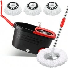 360° Spinning Mop Bucket, 3 Washable Microfiber Pads, Adjustable Stainless Steel Handle, Easy Moving With Wheels For Floor Cleanning - 黑色 - 查看 7