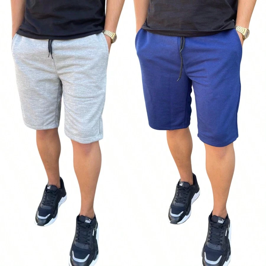 Kit 2 Bermudas Lisas Masculina Moletinho Sem Estampa Academia Treino - Multicolorido - Visão 1