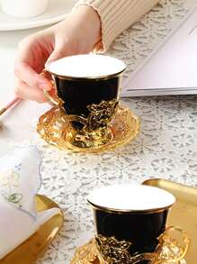 4pcs/12pcs Electroplated Porcelain Aroma Coffee Cup & Saucer Sets, European Style Gold Rimmed, 2 Cups 2 Saucers/6 Cups 6 Saucers Coffee Cup Gift Set (4pcs/12pcs Include Saucers) Back To School