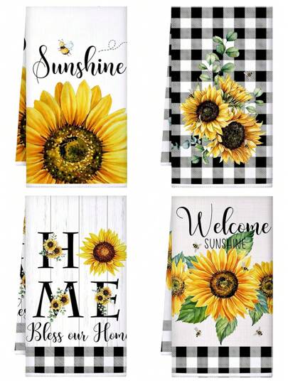 2pcs Randomly Selected Towels, Sunflower & Grid Pattern Printed Kitchen Towels, Decorative Dishcloths, Quick-Drying Sponge, Soft Absorbent Dishwashing Cloth, Cleaning Supplies, Kitchenware