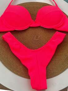 Retro Half Cup Bikini Underwire Double Thong Panty Semi-Thread Ana Ruga With Padded Beachwear Set Summer - 玫紅色 - 查看 6