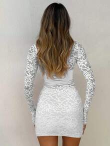 女式春季 V 领长袖紧身蕾丝迷你连衣裙 - 白色 - 查看 5